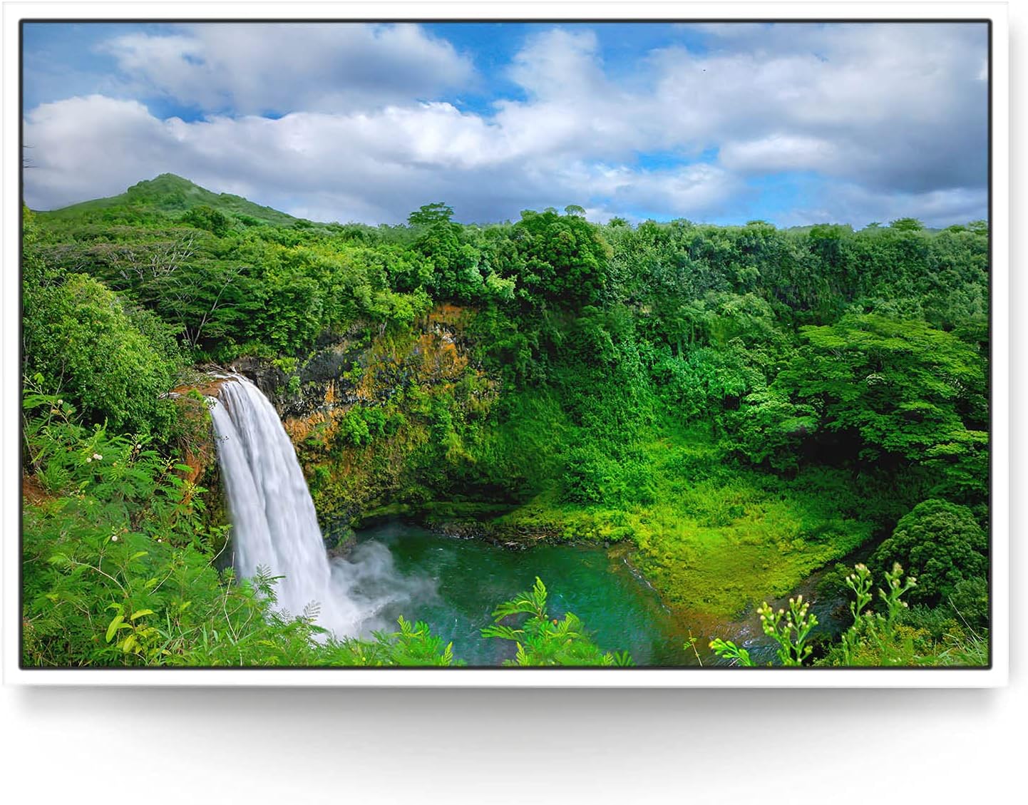 Wandbild Wasserfall Hawaii - 150cm x 100cm Leinwand auf 2cm Keilrahmen mit Schattenfugenrahmen weiß
