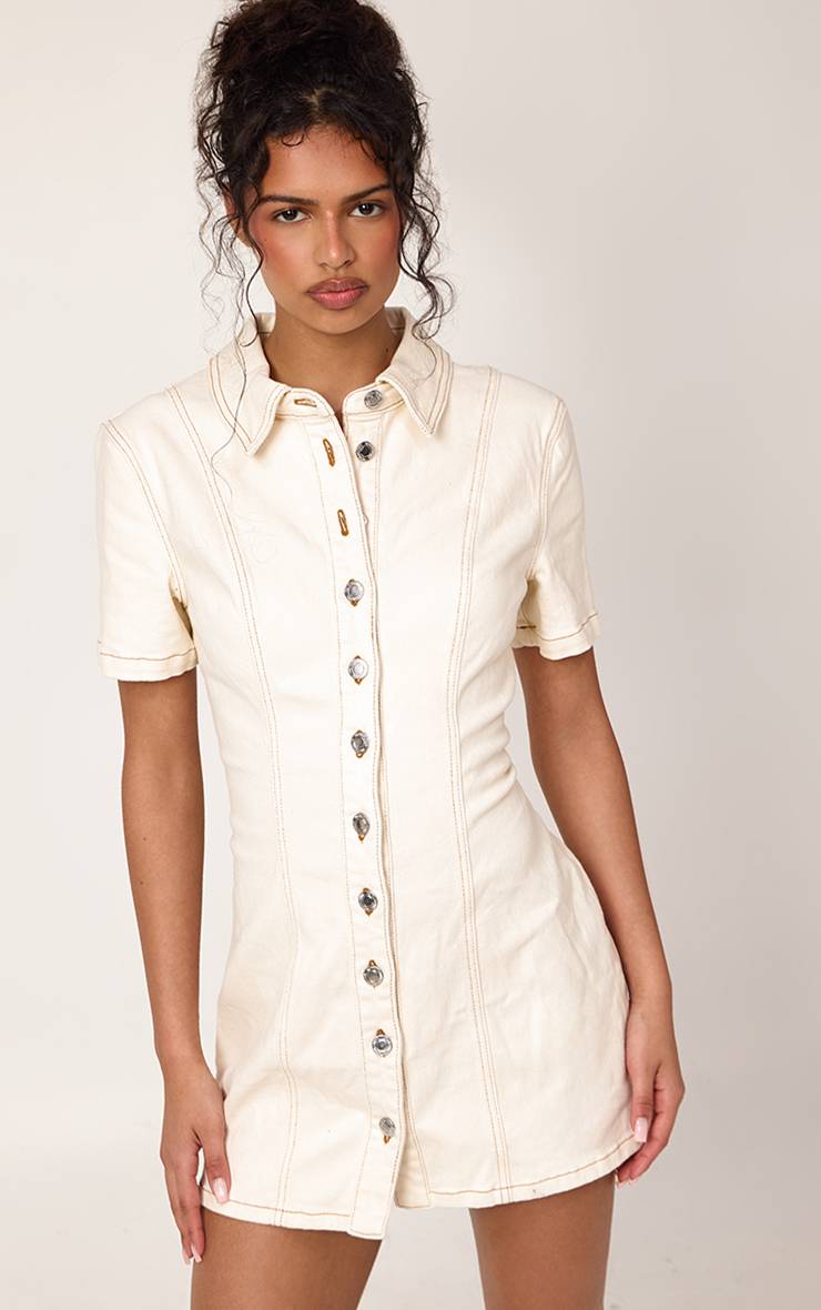 Ecru Robe Mini En Denim Boutonnée À Manches Courtes Avec Détails De Coutures