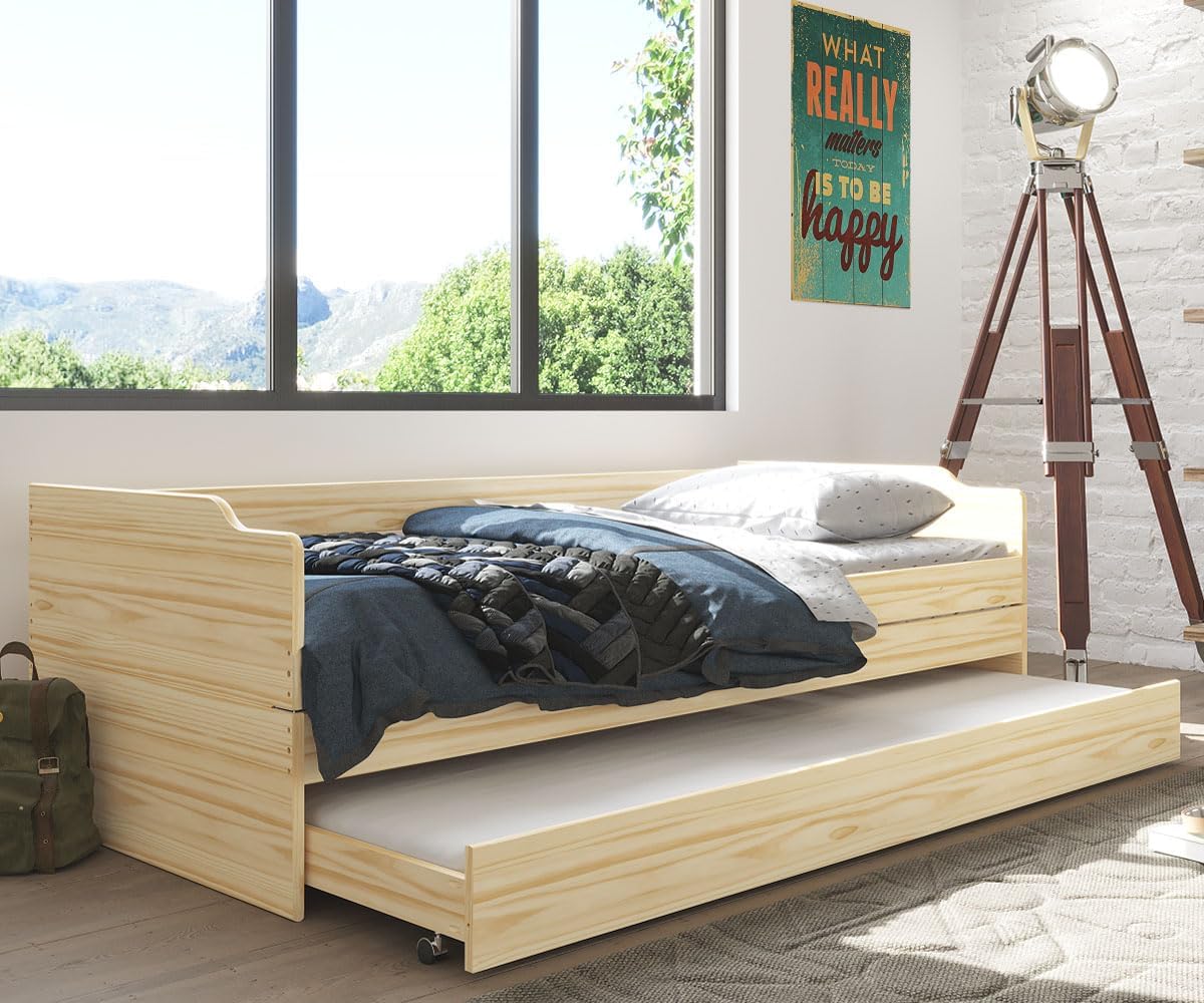 Inter Link - Funktionsbett - Stauraumbett - Bett mit Schubladen - Kiefer massivholz - Für Kinder, Jugendliche - Einzelbett - Gästebett - 2 Lattenroste - 3 Liegeflächen - Natur - Lotar - 90x200 cm