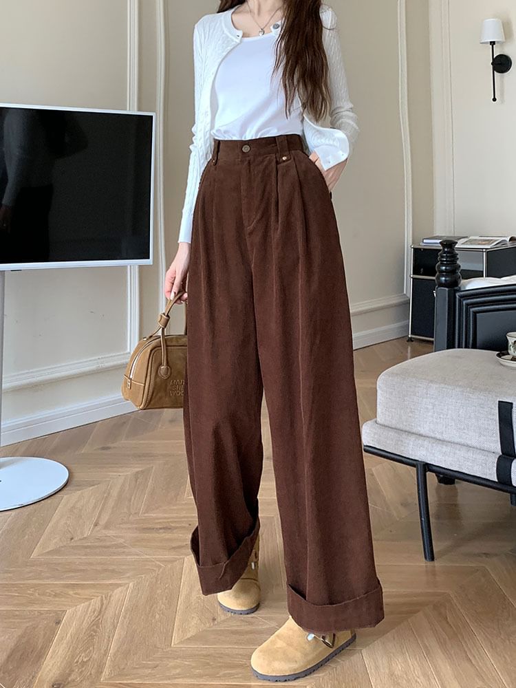 ANORA - Hoge taille effen corduroy broek met wijde pijpen