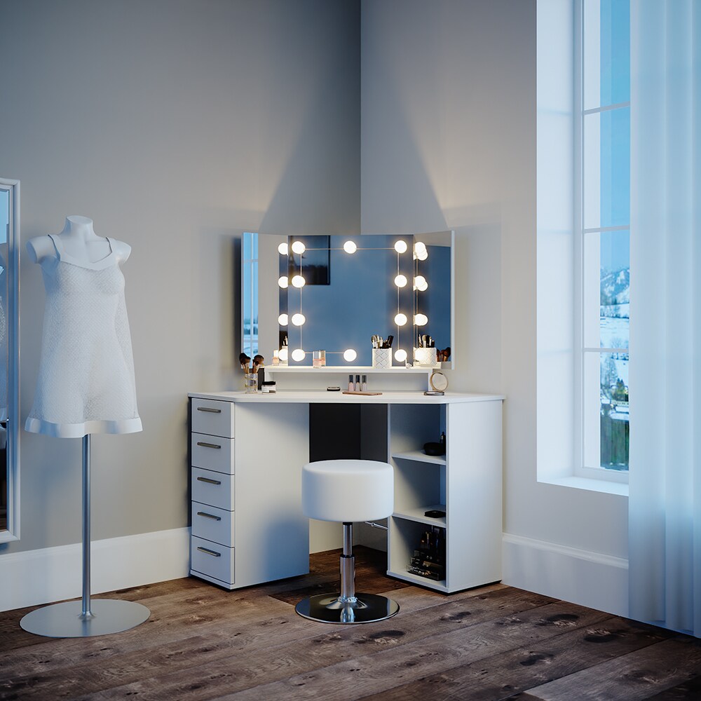 Vicco Eckschminktisch Frisiertisch Frisierkommode Sofia Weiß Spiegel LED Hocker