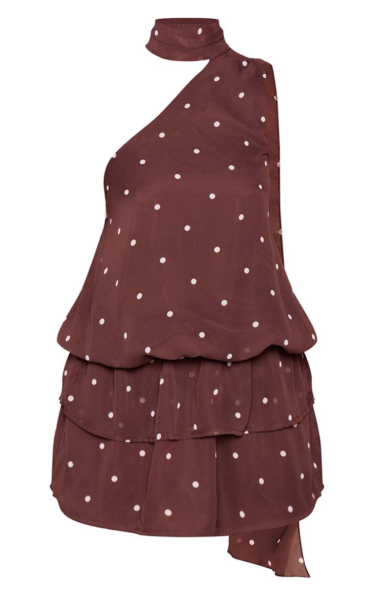 Chocolat Robe Courte Droite À Volants Avec Détail Foulard En Mousseline À Pois Petite