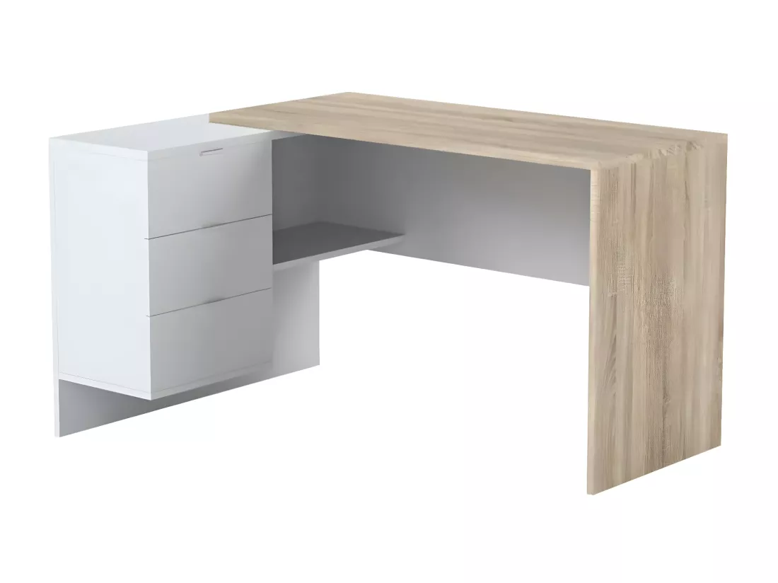 Bureau Dafage, Bureau réversible multifonctionnel avec tiroirs, Bureau d'angle avec support PC ou table de bureau, 145x108h73 cm, Chêne et Blanc