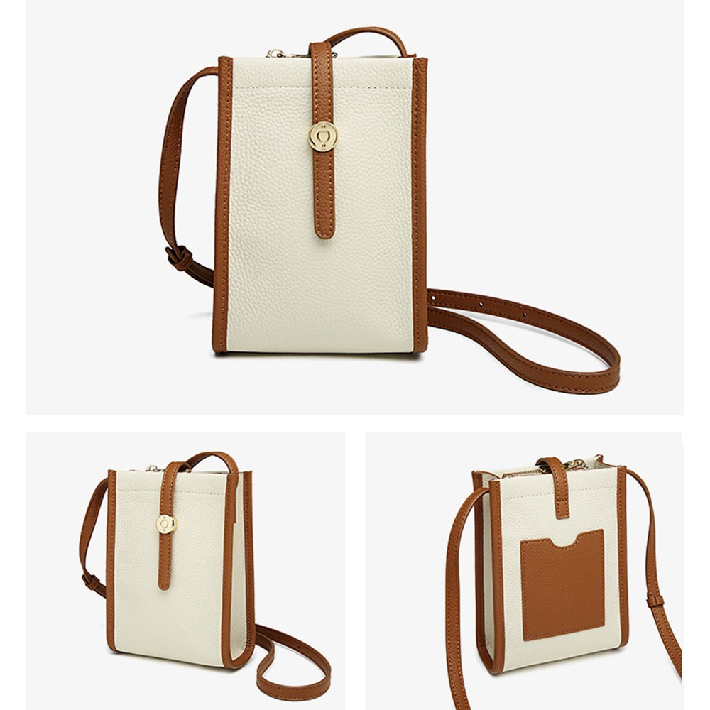 (18x13x6cm) Universal Handy Leder Umhängetasche Portemonnaie Fashion Crossbody Bag - Weiss / Braun