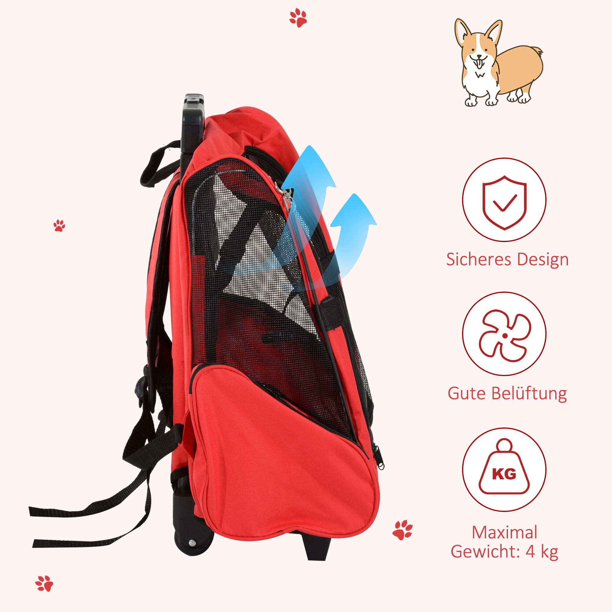 PawHut 2 in 1 Hundetasche als Trolley oder Rucksack verwendbar rot-schwarz 35 x 27 x 49 cm (LxBxH)