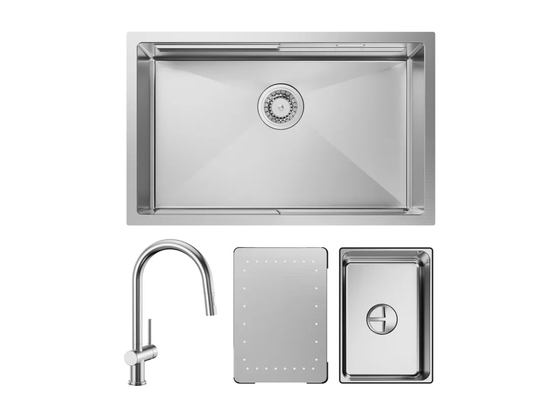 Cecipa max Évier Cuisine 1 Bac 70×44×21CM Évier à Encastrer Inox Brossé avec Egouttoir et Vasque + Mitigeur en Inox Brossé avec Douchette Extractible