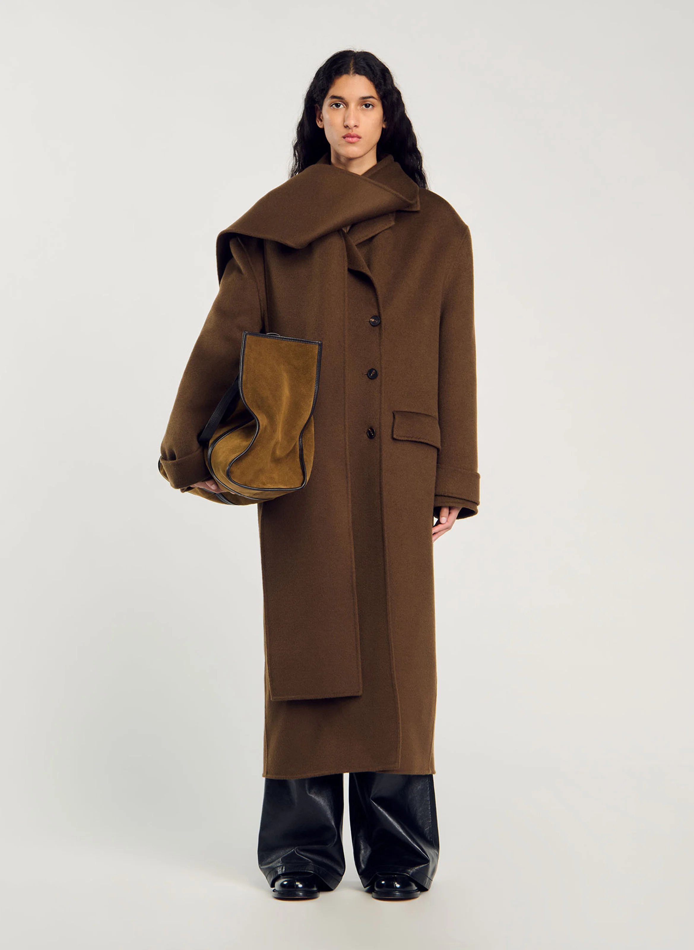 Manteau col à écharpe en laine | Kaki