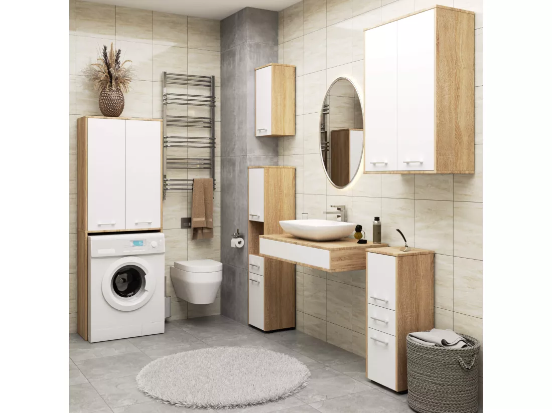 Meuble pour machine à laver FIN Chêne Sonoma 64 cm 2 portes façade Blanche 4 étagères 64x30x180 cm