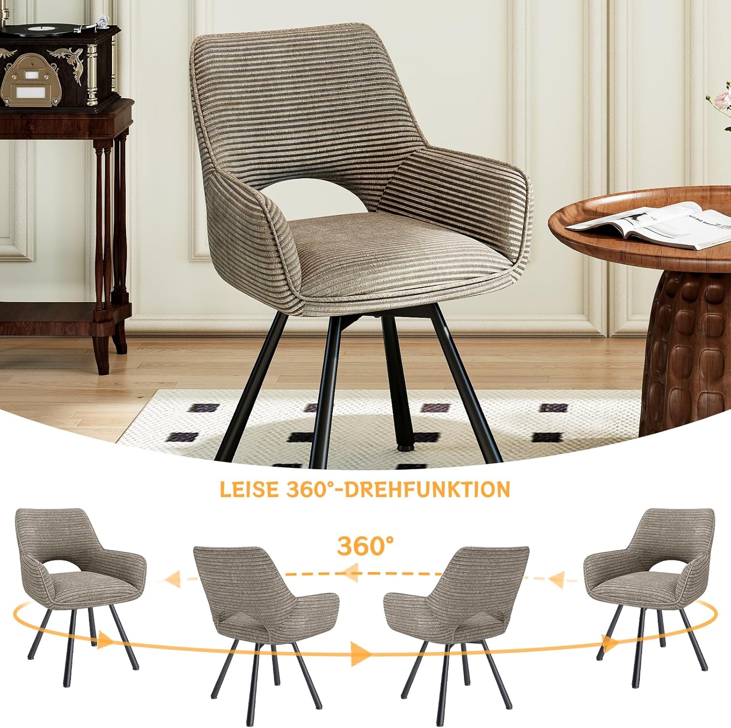 esszimmerstühle 4er Set Drehbar 360°,Armlehnstuhl mit Metallbeinen,geeignet als Stühle Esszimmer,Samt Stuhl,Küchenstühle,Wohnzimmerstuhl,Polsterstuhl mit Samtigem Gefühl,Taupe
