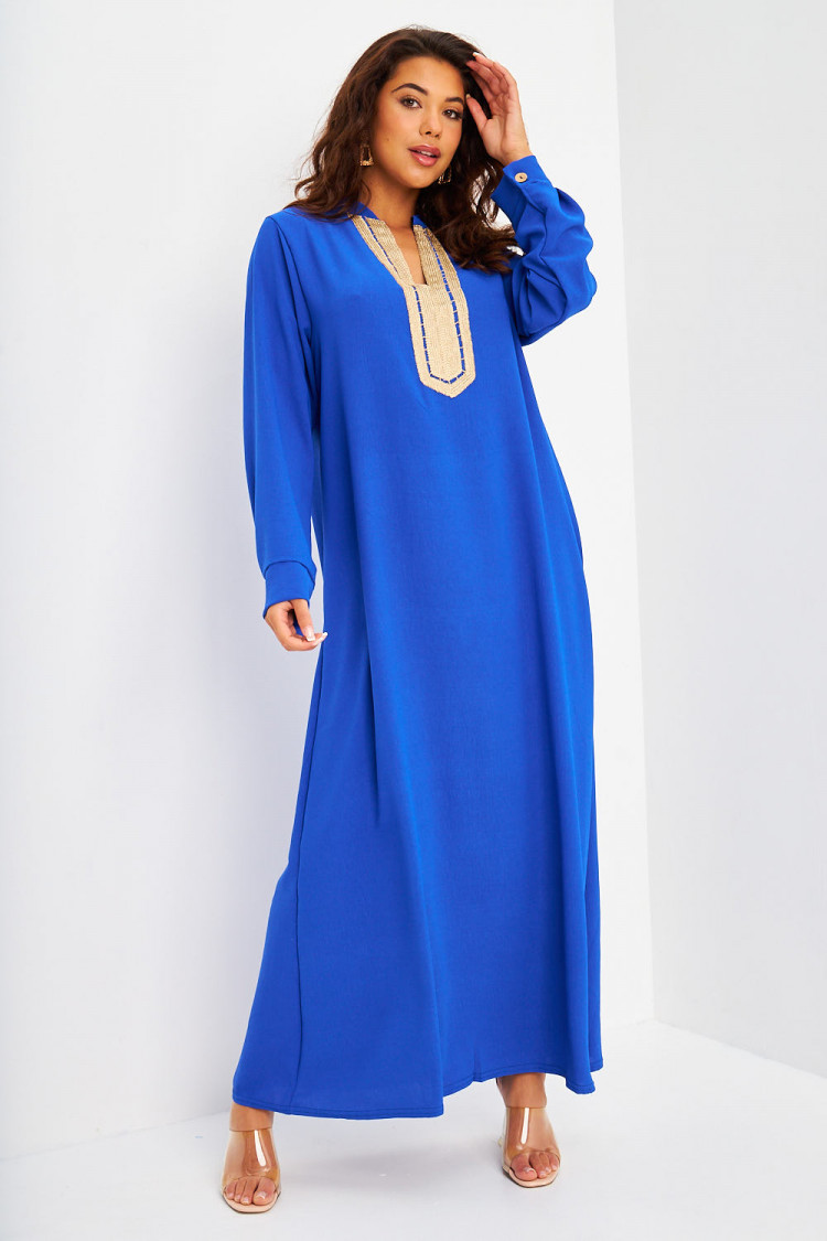 ABAYA bleu électrique décolleté V broderie dorée