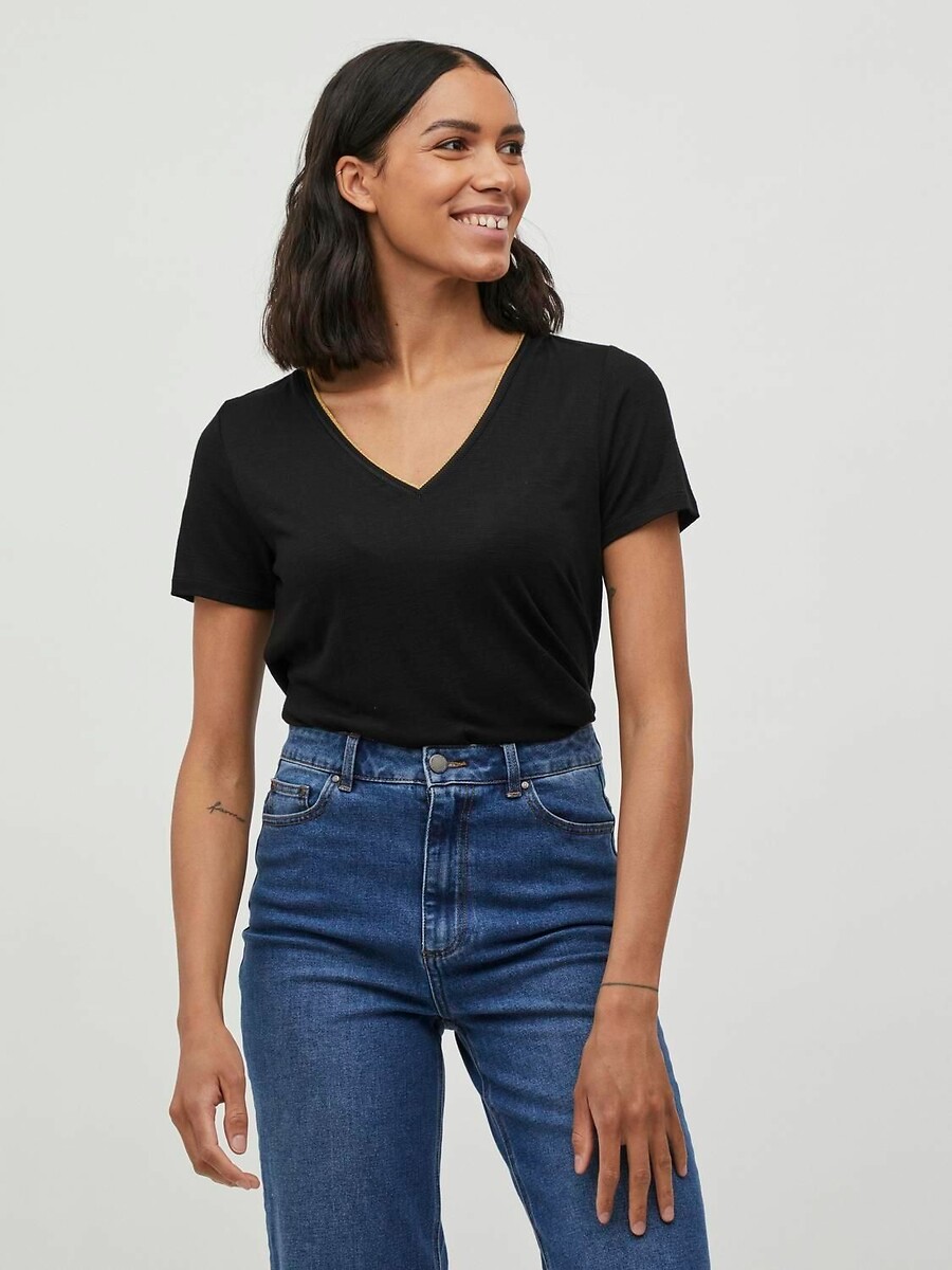VILA<br>Camiseta de malha, gola com efeito brilhante