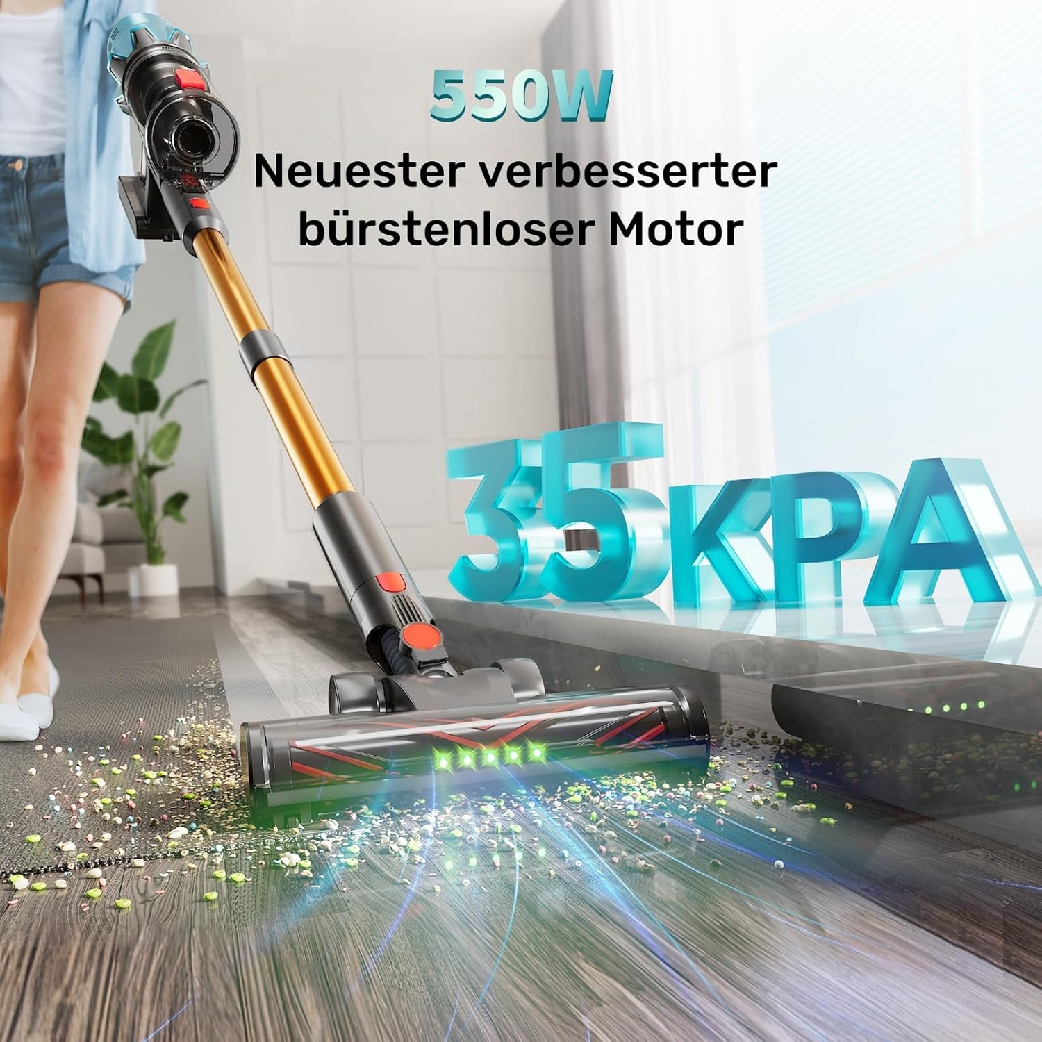 Ultra-starker Akku-Staubsauger mit automatischer Stauberkennung/Bis zu 40 Minuten Laufzeit/Beutelloser Staubsauger für Teppiche, Hartböden & Tierhaare Blau -550W
