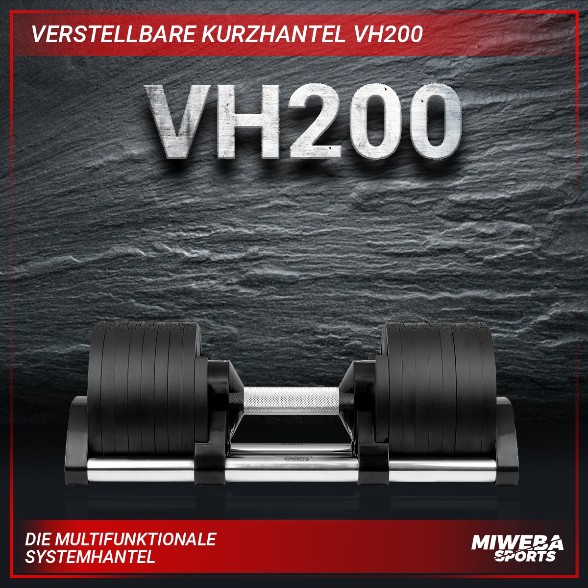 Miweba Sports verstellbare Kurzhantel VH200, Stahl, 2-28 kg, Hantelstange mit Profil, Halte-Gestell (28 kg)