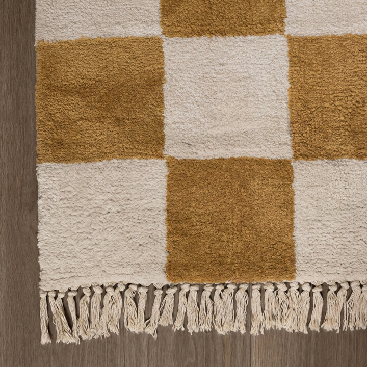 Checkerboard vloerkleed - Blox Fringe Okergeel
