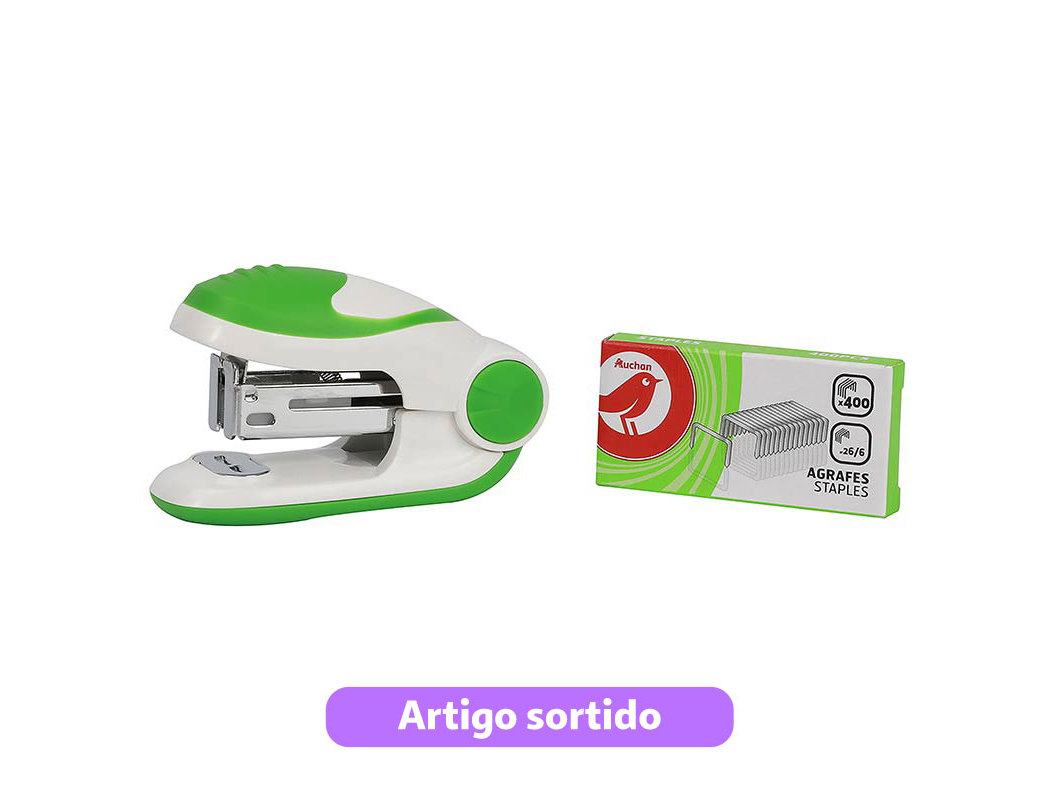 CONJUNTO DE MINI AGRAFADOR 24/6-26/6 AUCHAN E CAIXA COM 400 AGRAFOS CORES SORTIDAS