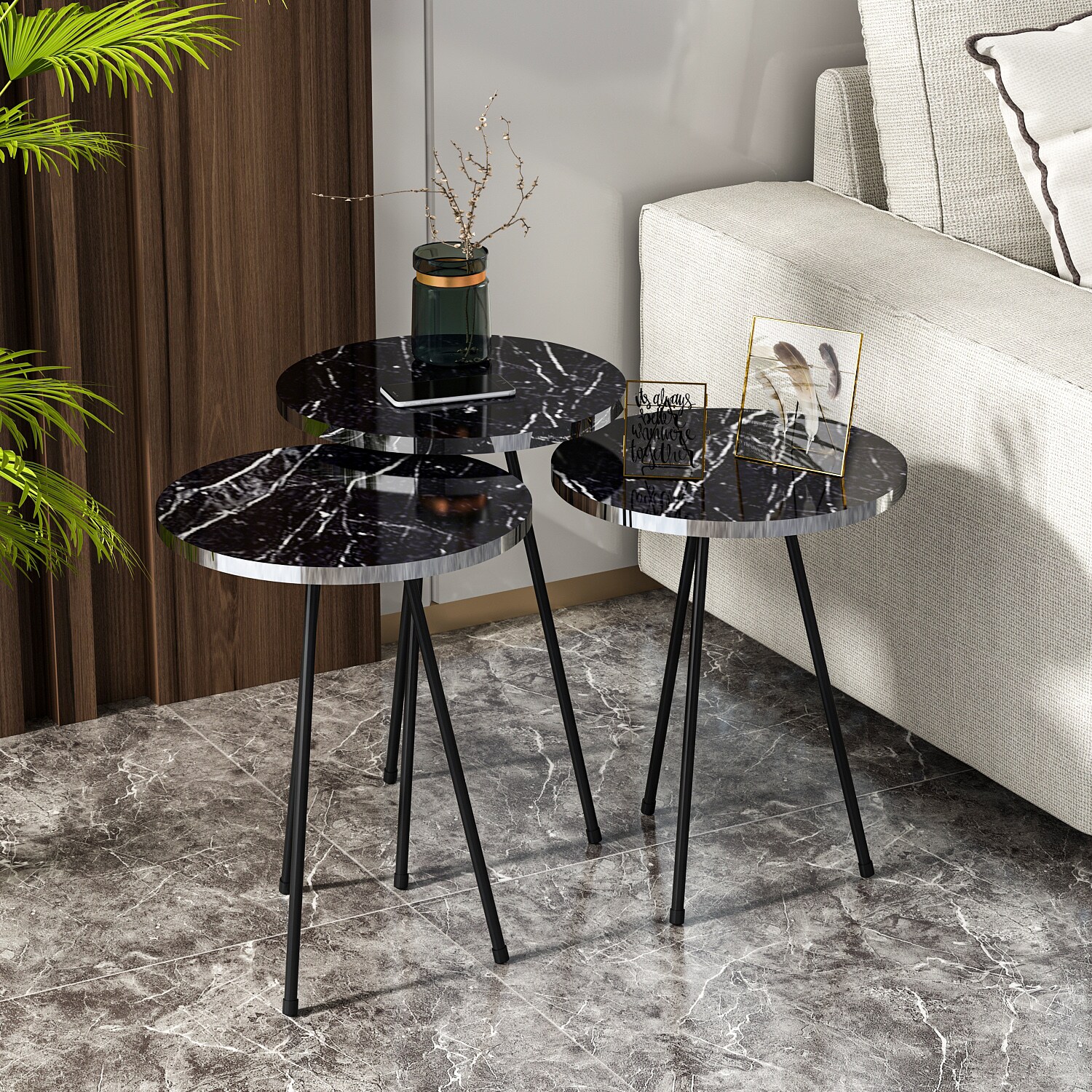 Beistelltisch 3er Set Marmoroptik Schwarz 21816184