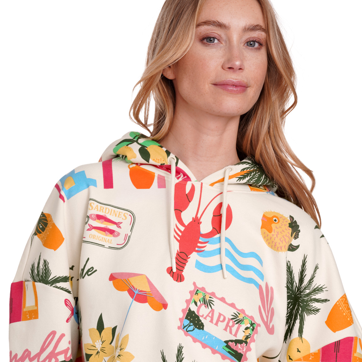 Jonas Nielsen Damen Hoodie mit Urlaubs-Motiven beige / bunt