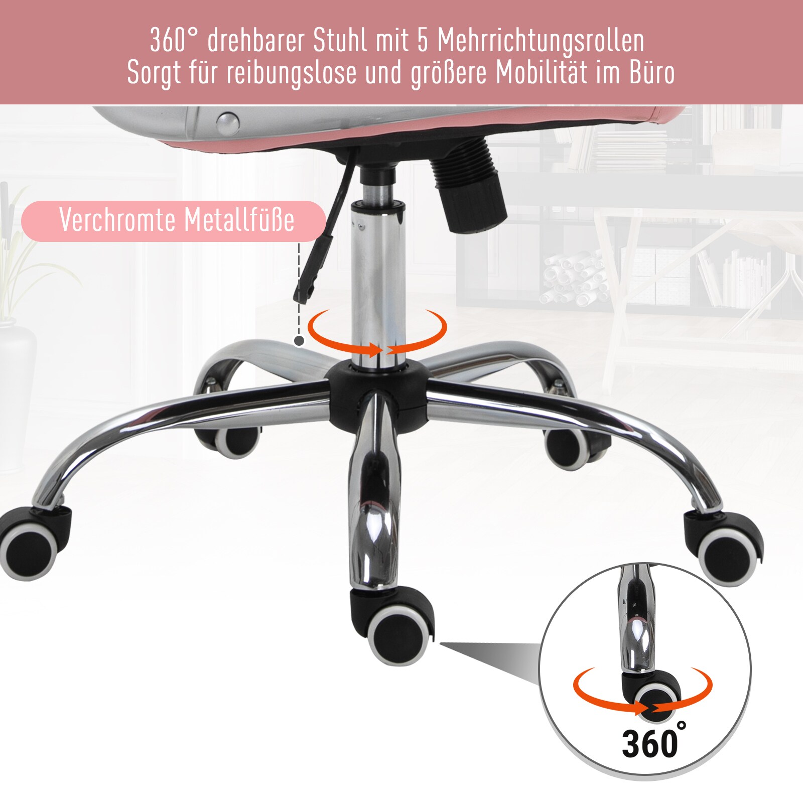 Vinsetto Drehstuhl im eleganten Design rosa 59,5 x 60,5 x 95-105 cm (LxBxH)