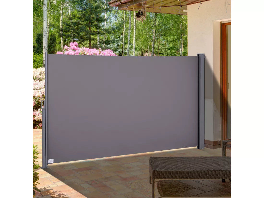 Store latéral brise-vue paravent rétractable dim. 3L x 2H m alu. polyester anti-UV haute densité 280 g/m² gris