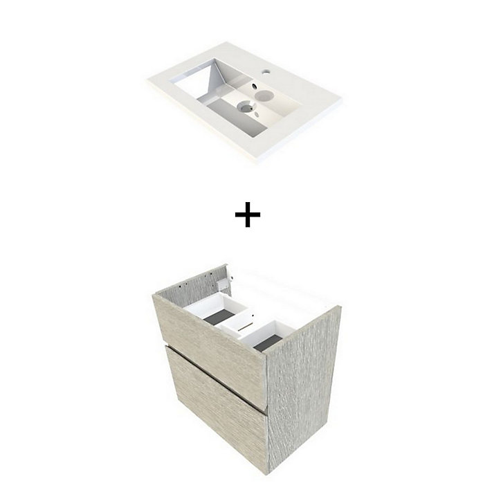 Meuble sous vasque faible profondeur Calao aspect chêne clair 60 cm + plan vasque en résine
