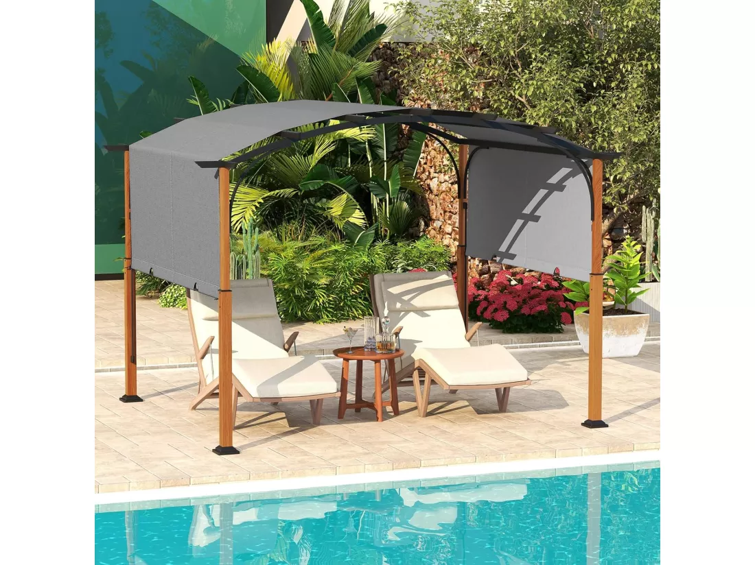 Pergola Rétractable d'Extérieur 300 x 360 CM, Pergola Métallique à Arcs pour Patio avec Auvent Rétractable Poteaux Aspect Bois, Tonnelle Treillis pour Jardin Patio Porche Cou (Gris)