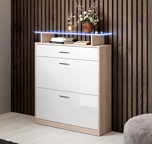 MB Muebles Bonitos | Flurmöbel mit Schuhschrank | Breite 89 x Höhe 105 x Tiefe 24 cm | Glasablage mit LED | Glänzendes Melamin | Farbe Sonoma und Weiß | Schuhregal für die tür | Modell Paola
