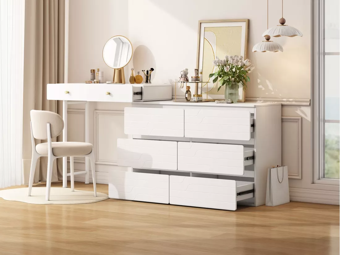 Coiffeuse,Commode 6 tiroirs,Trois niveaux, six tiroirs,Comprend des armoires latérales coulissantes,sans chaises ni miroirs,Blanc,180x40x85cm
