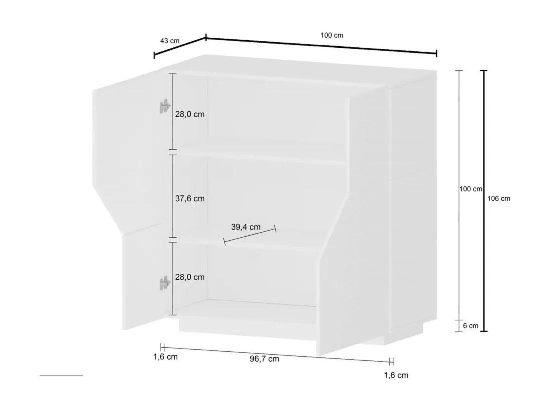 Buffet Dkoud, Buffet de cuisine 2 portes, Buffet de salon, 100% Made in Italy, 100x43h106 cm, Blanc brillant