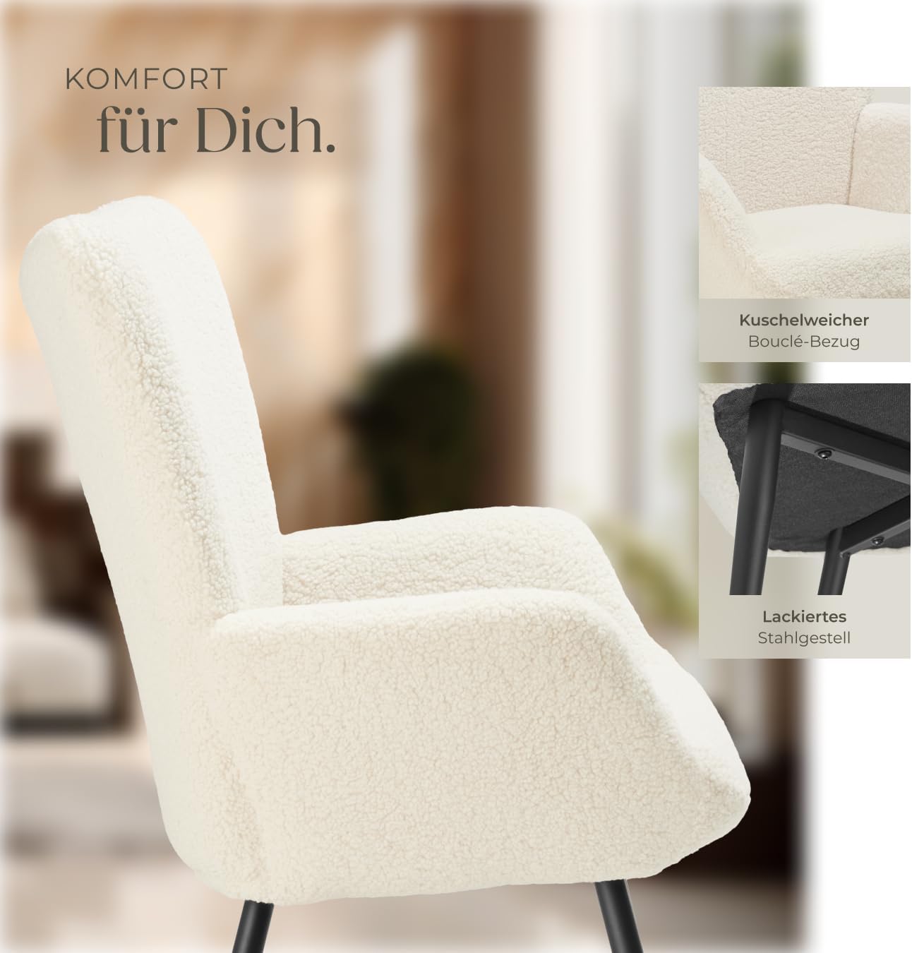 tectake® Skandinavischer Stil Ohrensessel, Teddy Sessel Hygge, Bouclé Sessel Wohnzimmer, Schlafzimmer, Statement Piece Loungesessel, belastbar bis 150 kg