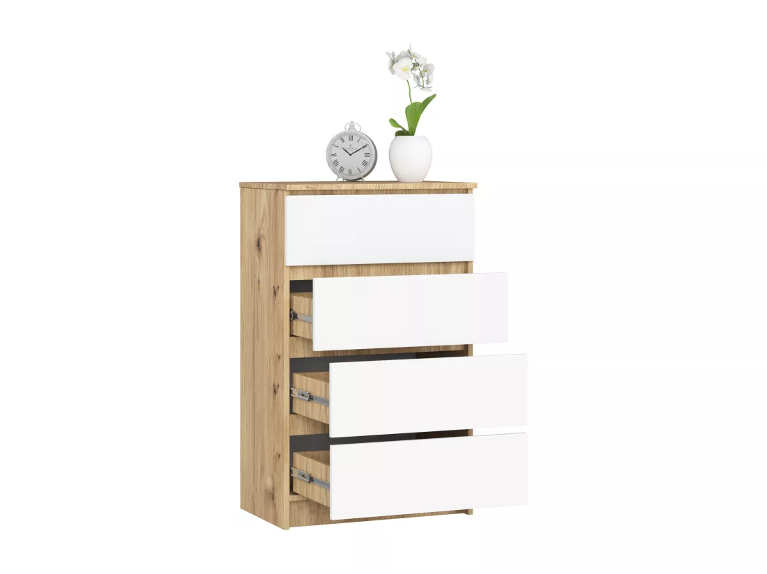 Commode AKORD K60 Chêne Artisan 60 cm 4 tiroirs façade Blanche 60x40x99 cm