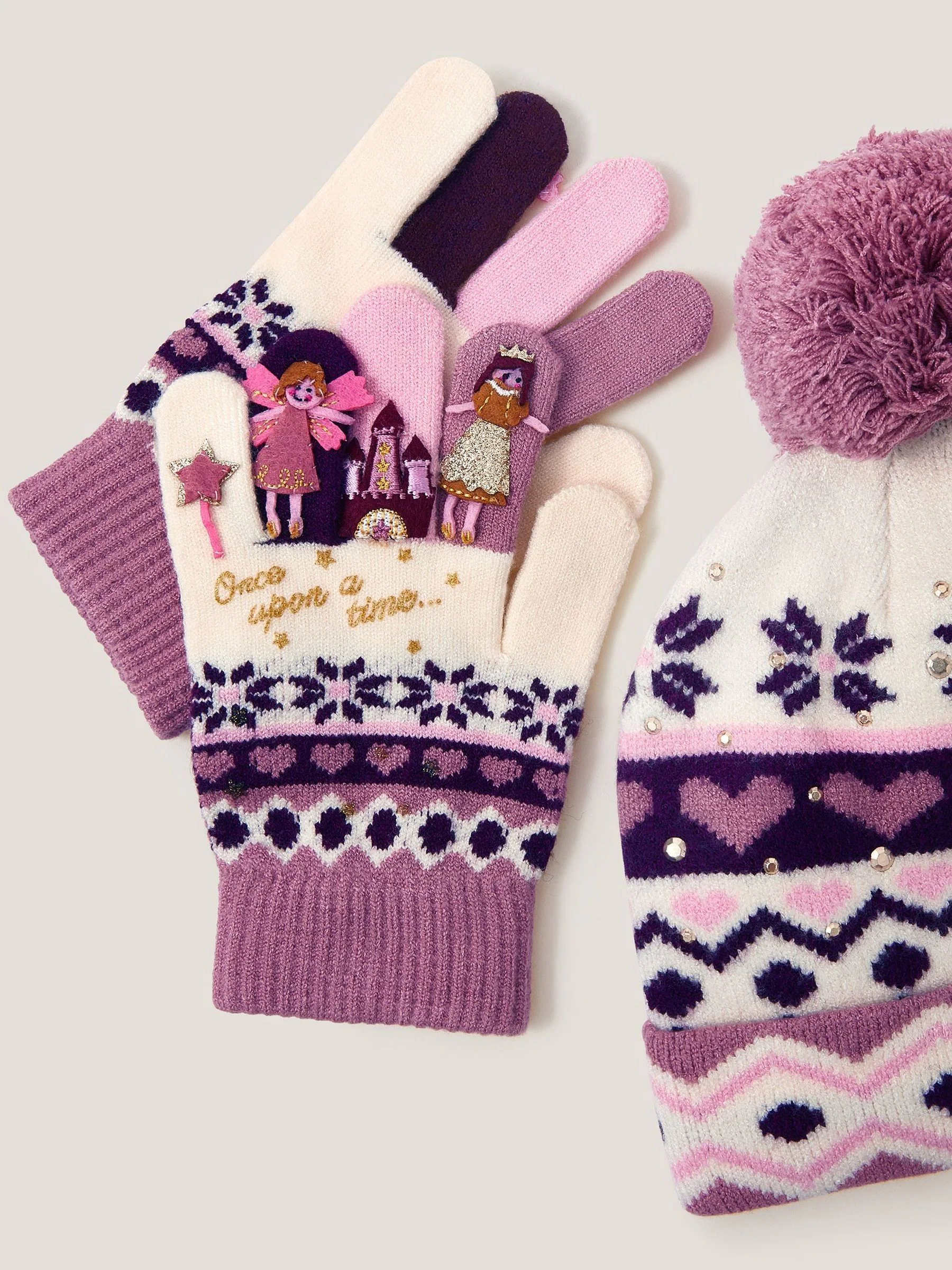 Monsoon Princess muts en Handschoenen met Fair Isle motief en bobbeltjes Set