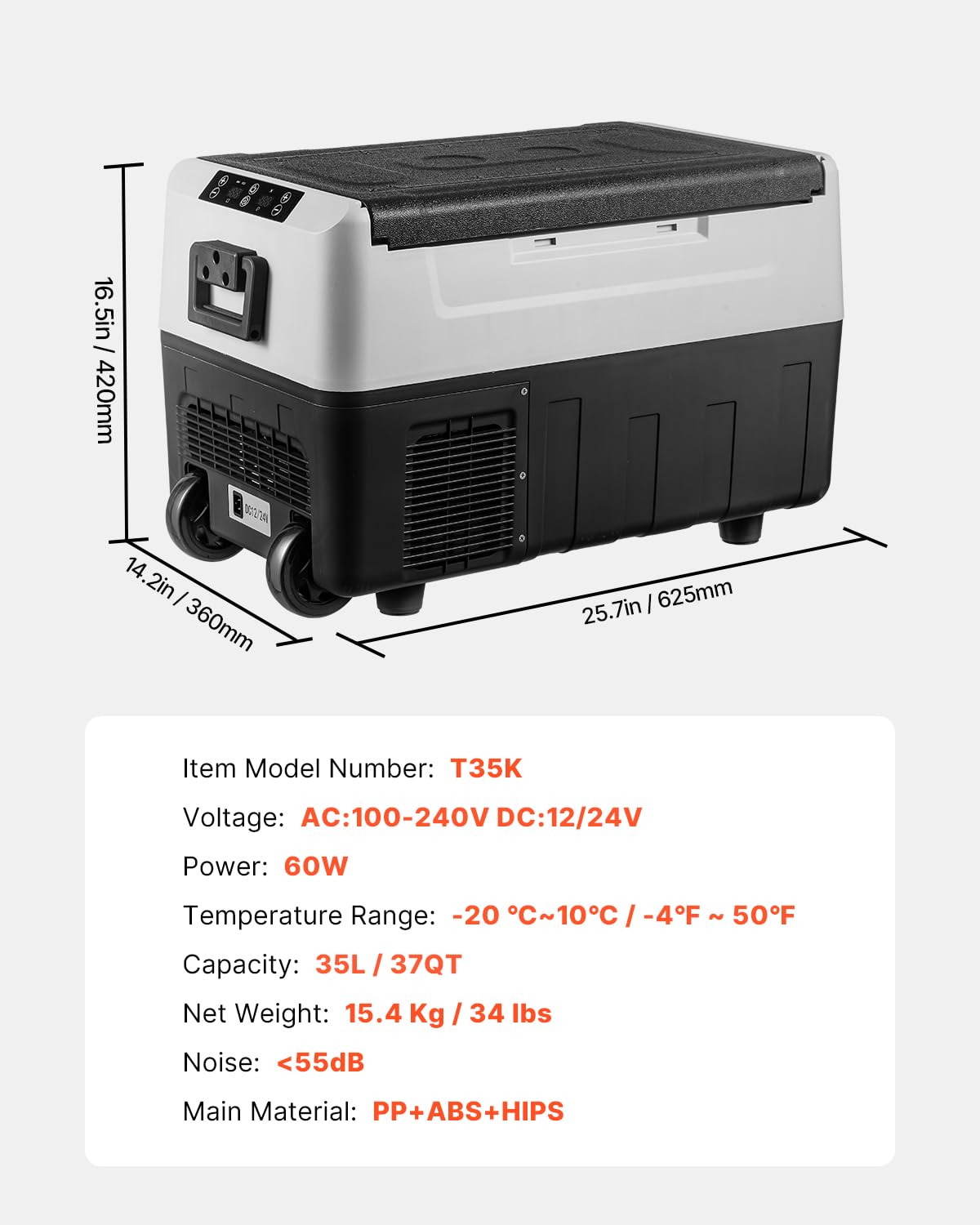 VEVOR Glacière Électrique Portable de 35 L Réfrigérateur de Voiture Portable 12/24 V CC 100-240 V CA Frigo Voiture Double Zone 0,6 kW.h -20 °C à 10 °C Réglable Congélateur pour Camion Bateau Camping