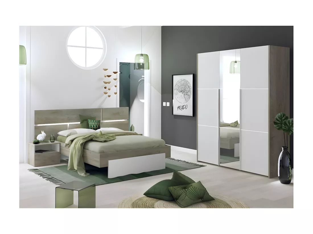 NINO LIGHT - Lit 140x190cm avec Leds et Chevets à Poser + Armoire 3P