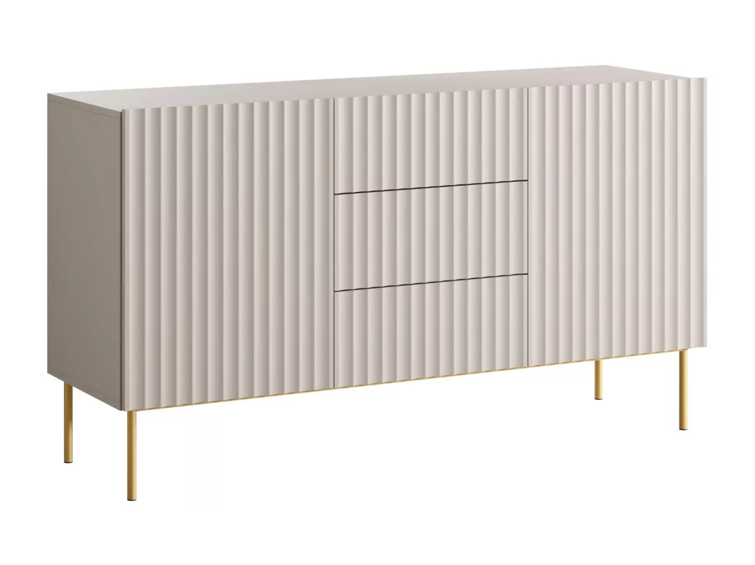 Buffet avec 2 portes et 3 tiroirs en MDF et acier - Beige et doré - EVILANA