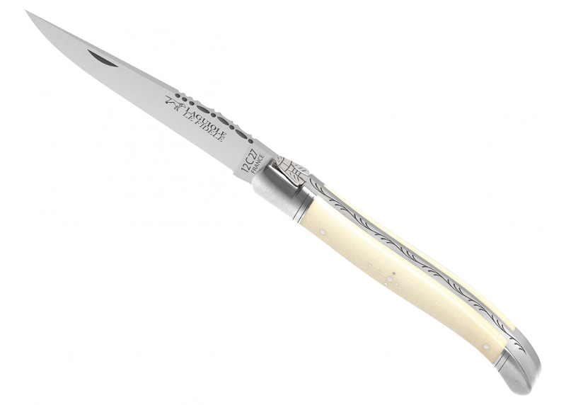 Couteau Laguiole avec un manche en ivoire de mammouth et 2 mitres en acier inoxydable