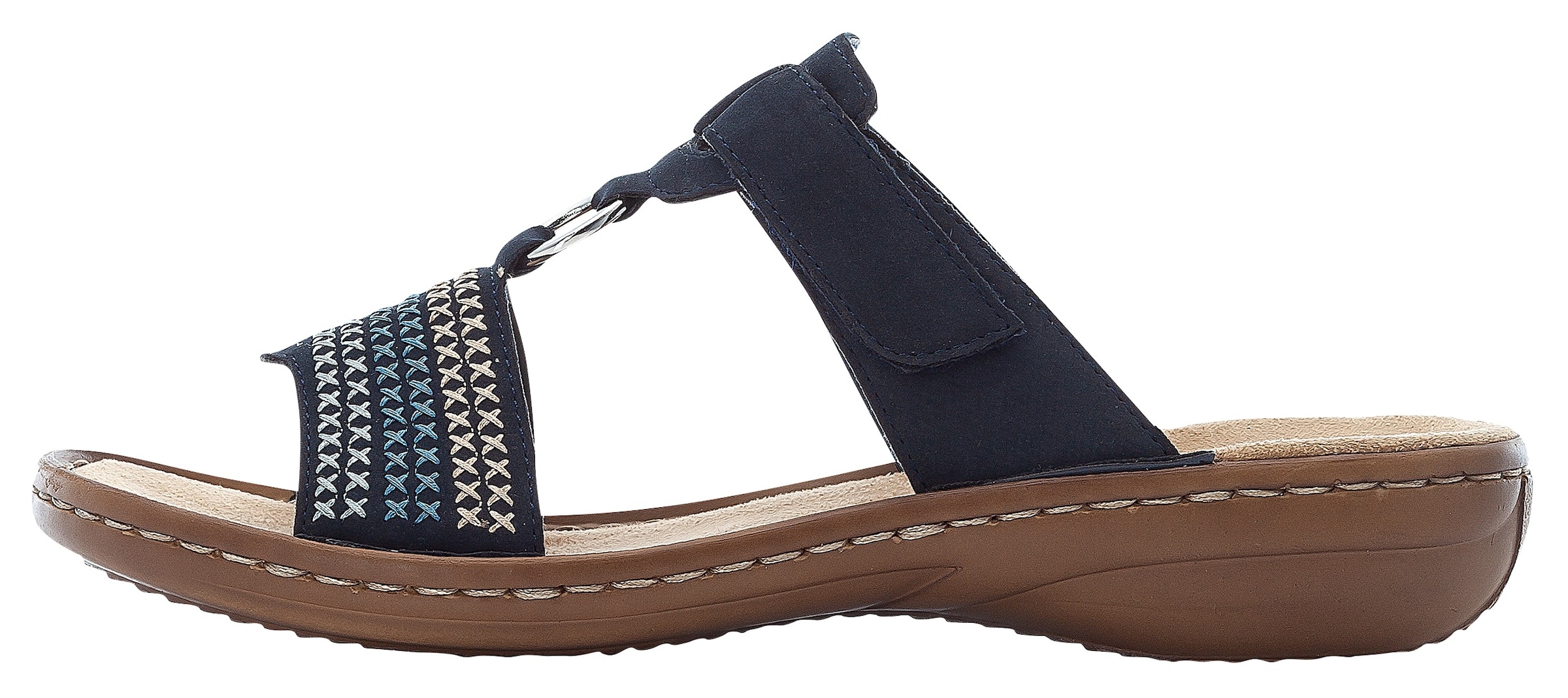 Rieker Pantolette  , Keilabsatz, Sommerschuh, Schlappen mit schöner Stickerei