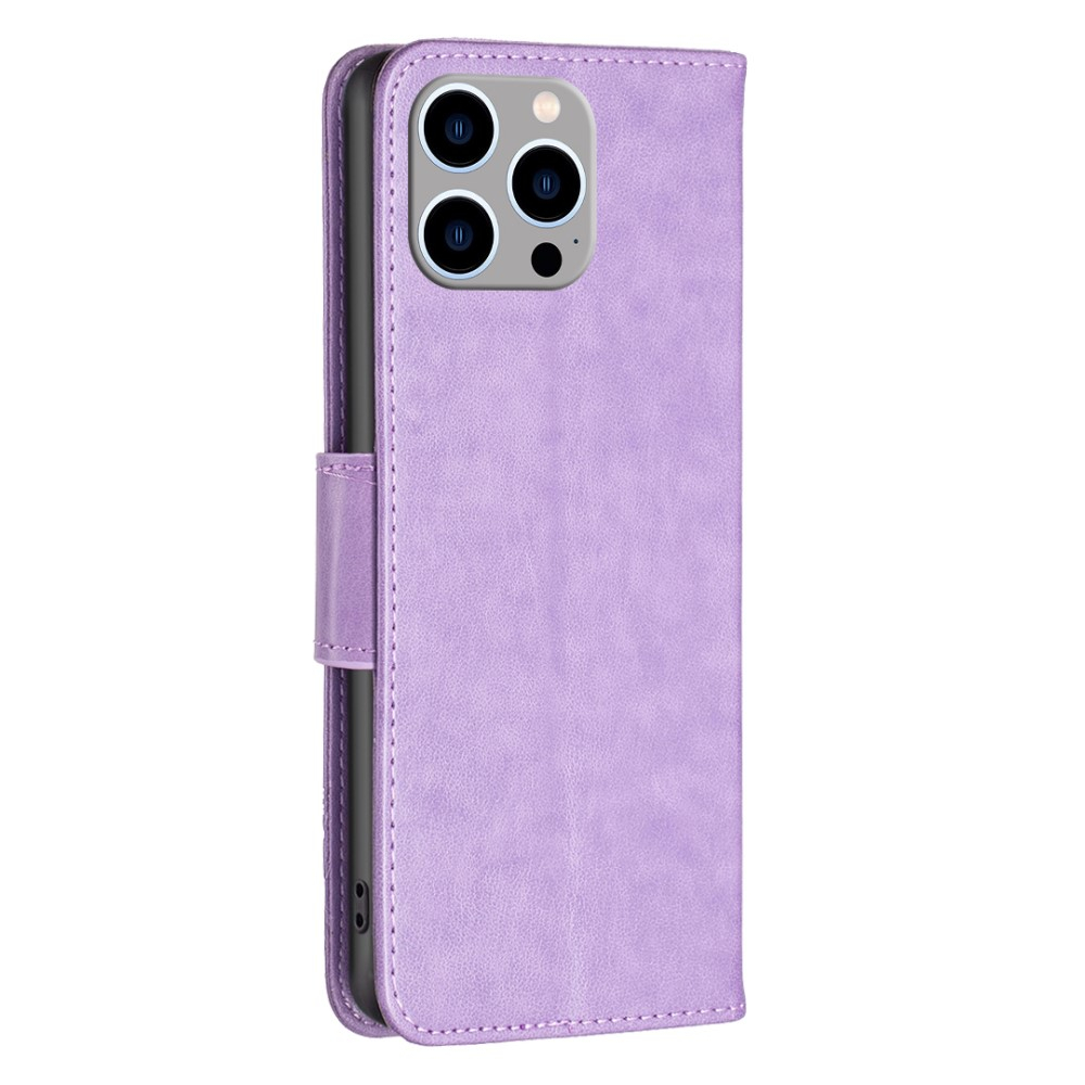 iPhone 15 Pro Max Leder Tasche mit Kartenfach   Handschlaufe Schmetterling - Lila