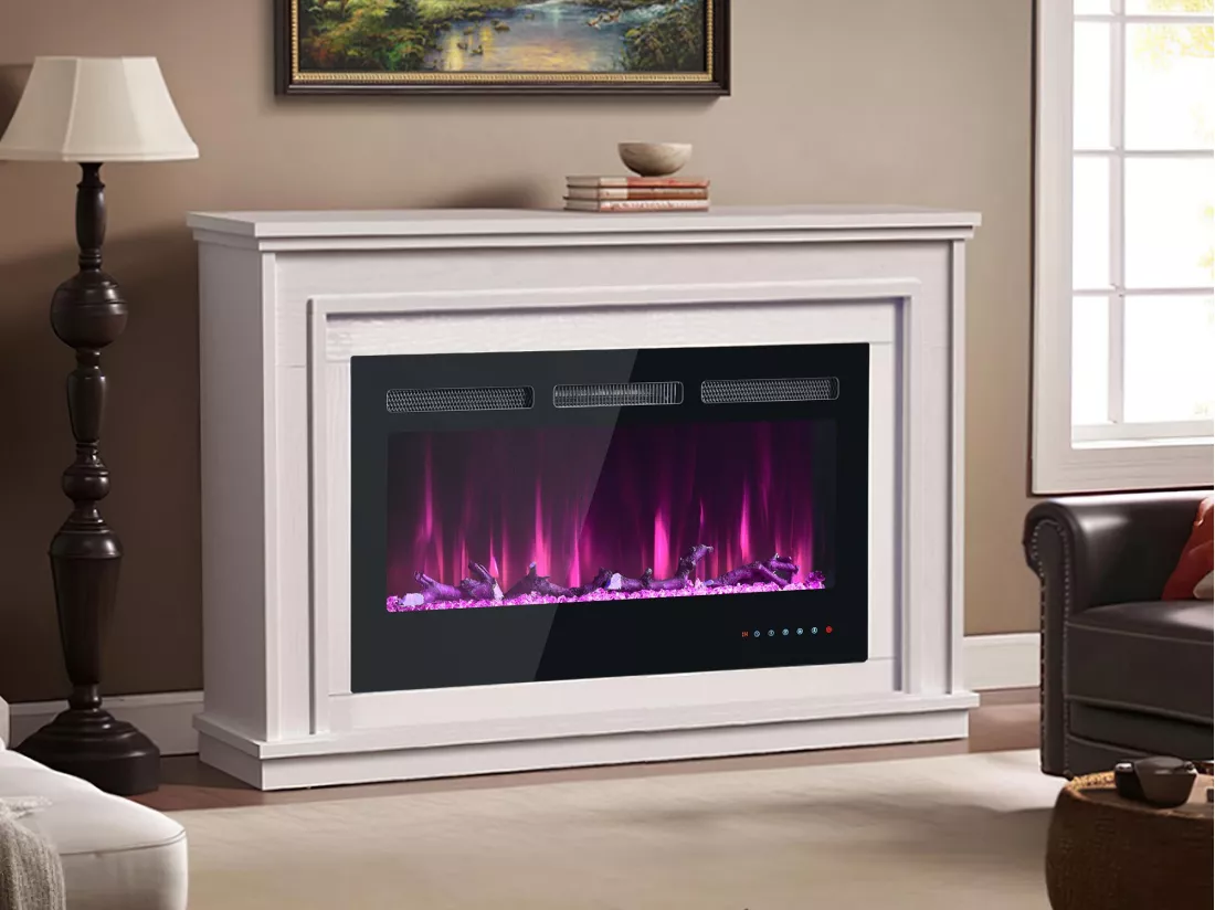 Cheminée électrique mural et encastrable 900/1800W - effet de flamme LED 3D réglable - Minuterie, thermostat, télécommande/écran tactile - Noir