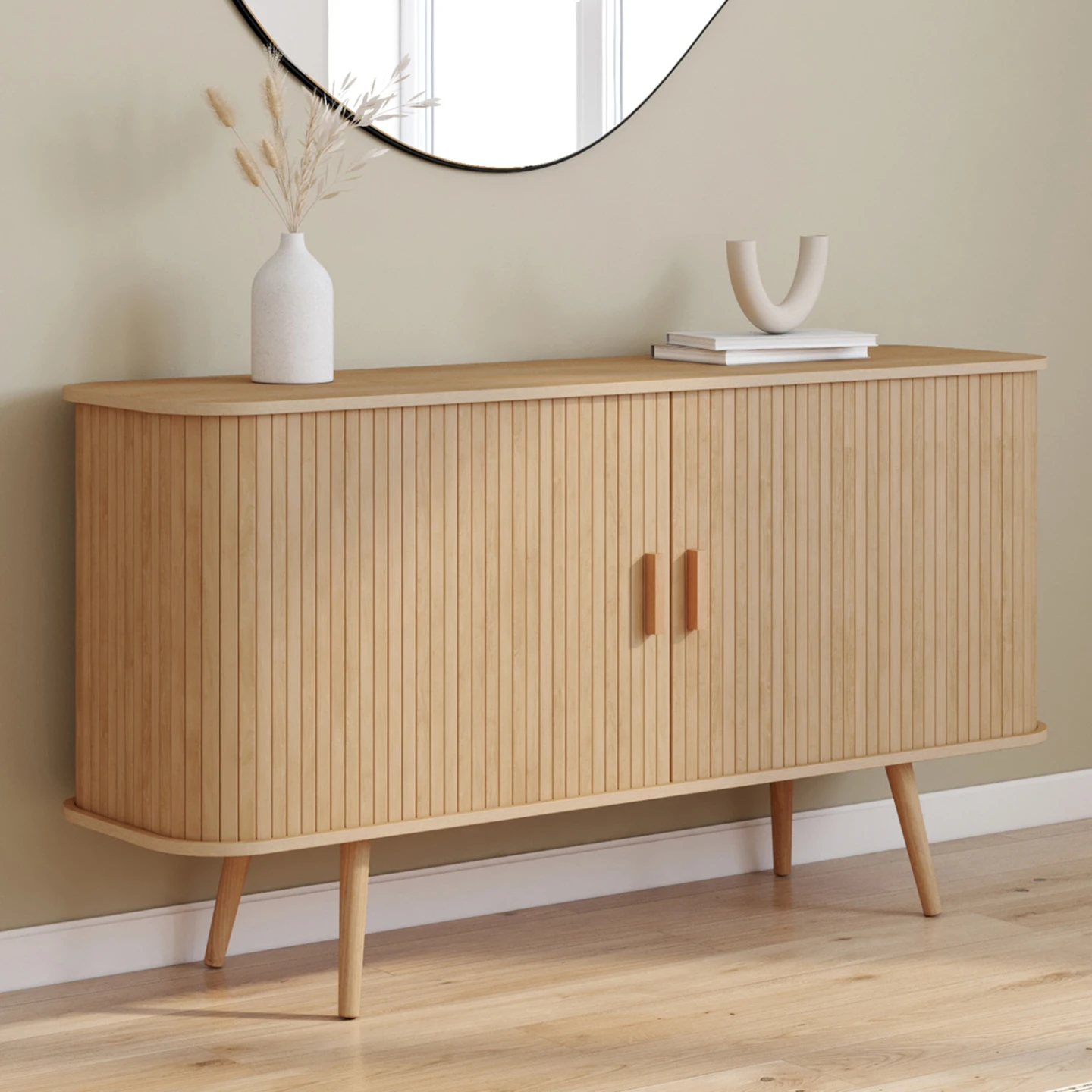 Buffet 140 cm ROMIE 2 portes coulissantes lattes tasseau bois coloris chêne