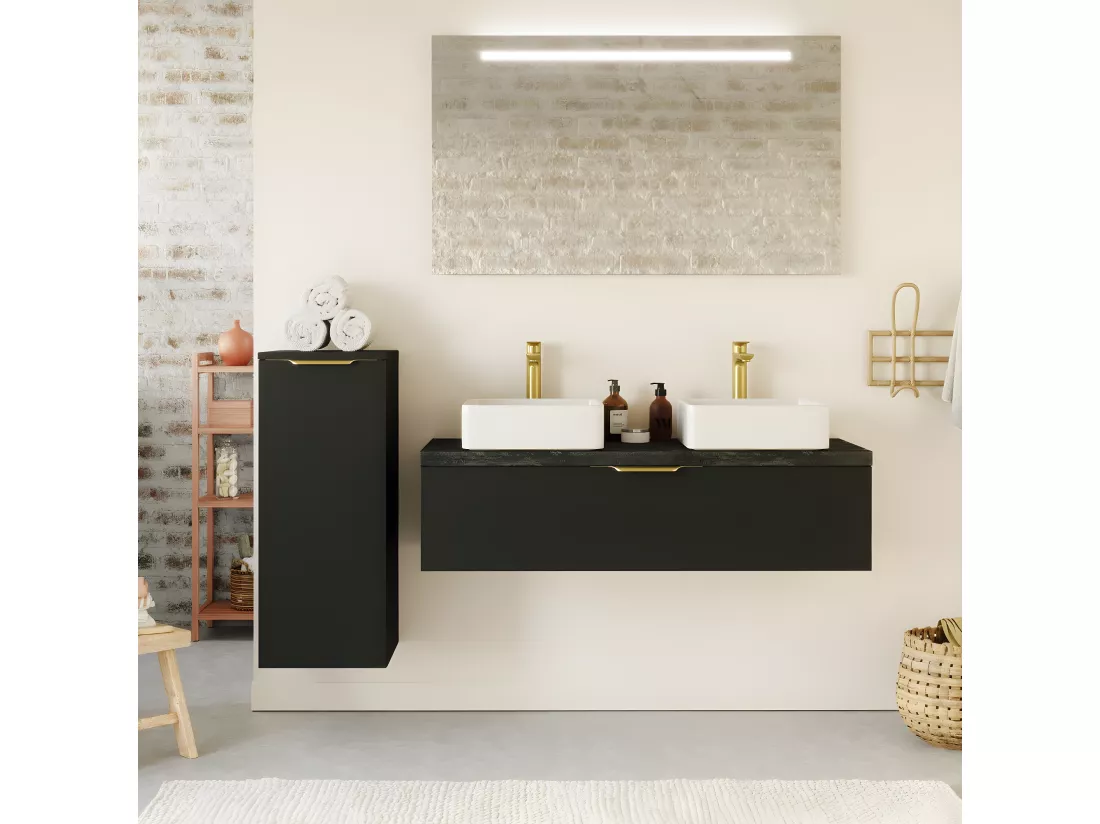 Meuble de salle de bain suspendu 2 vasques à poser 120cm 1 tiroir Noir - Venice