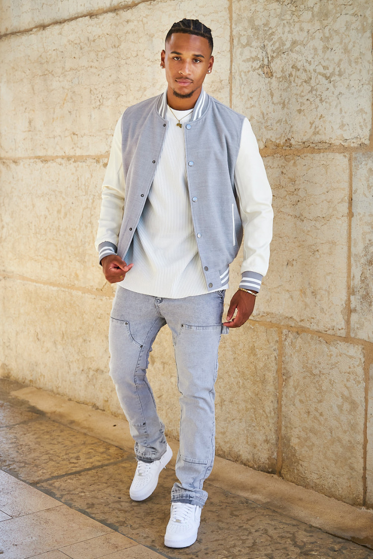 Bomber gris en simili cuir et laine