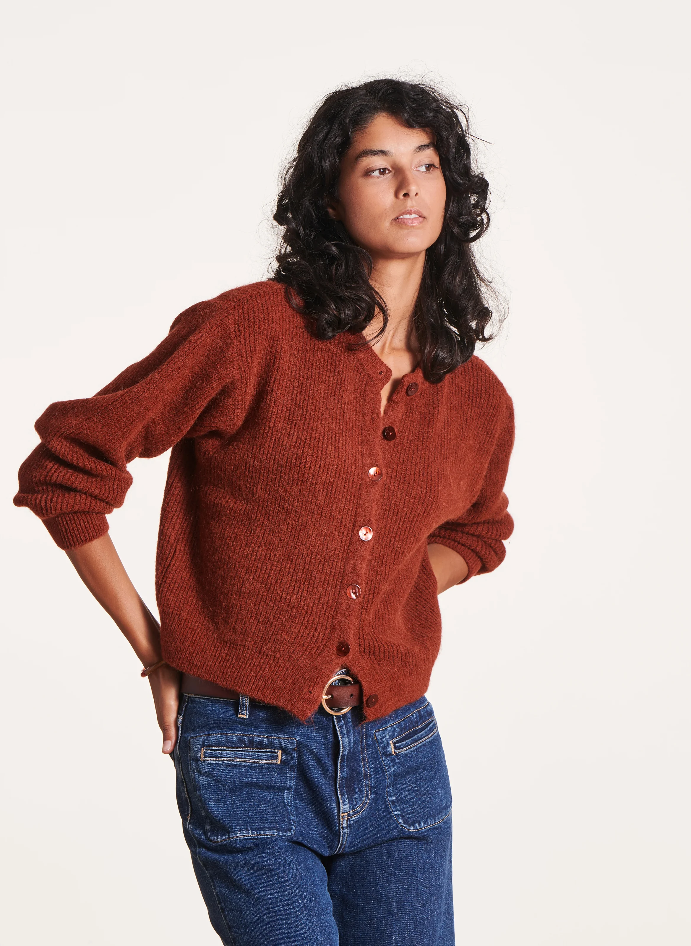 Gilet droit col rond en maille mélangée | Orange