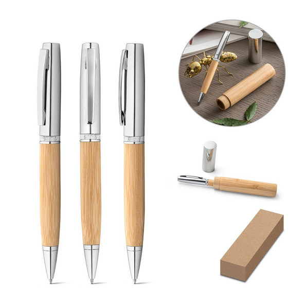 hi!dea 91775 - Stylo bille en bambou et métal avec étui
