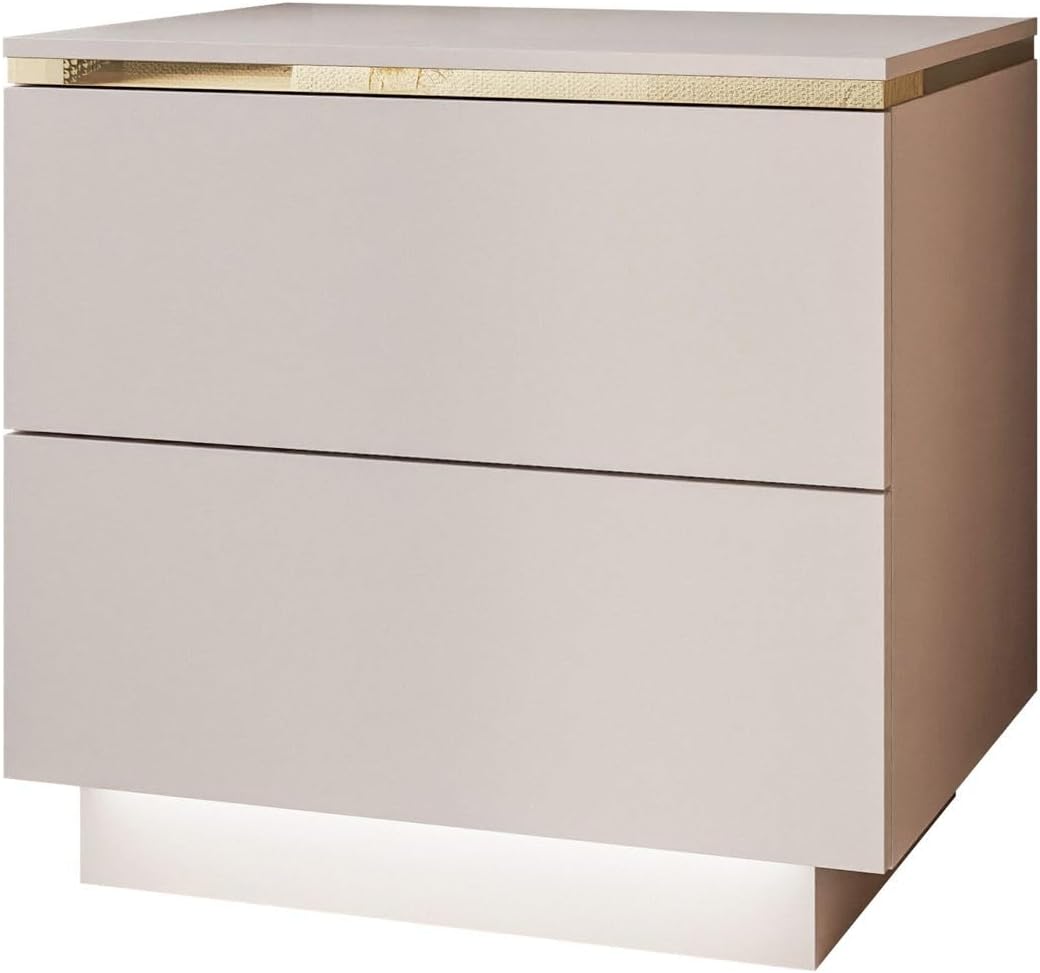 Lookway Nachttisch Aurora II Kaschmir Matt mit LED Beleuchtung Hängend oder auf Goldenen Beinen Gold Dekorative Leiste Modernes Schlafzimmermöbel (mit Sockel)