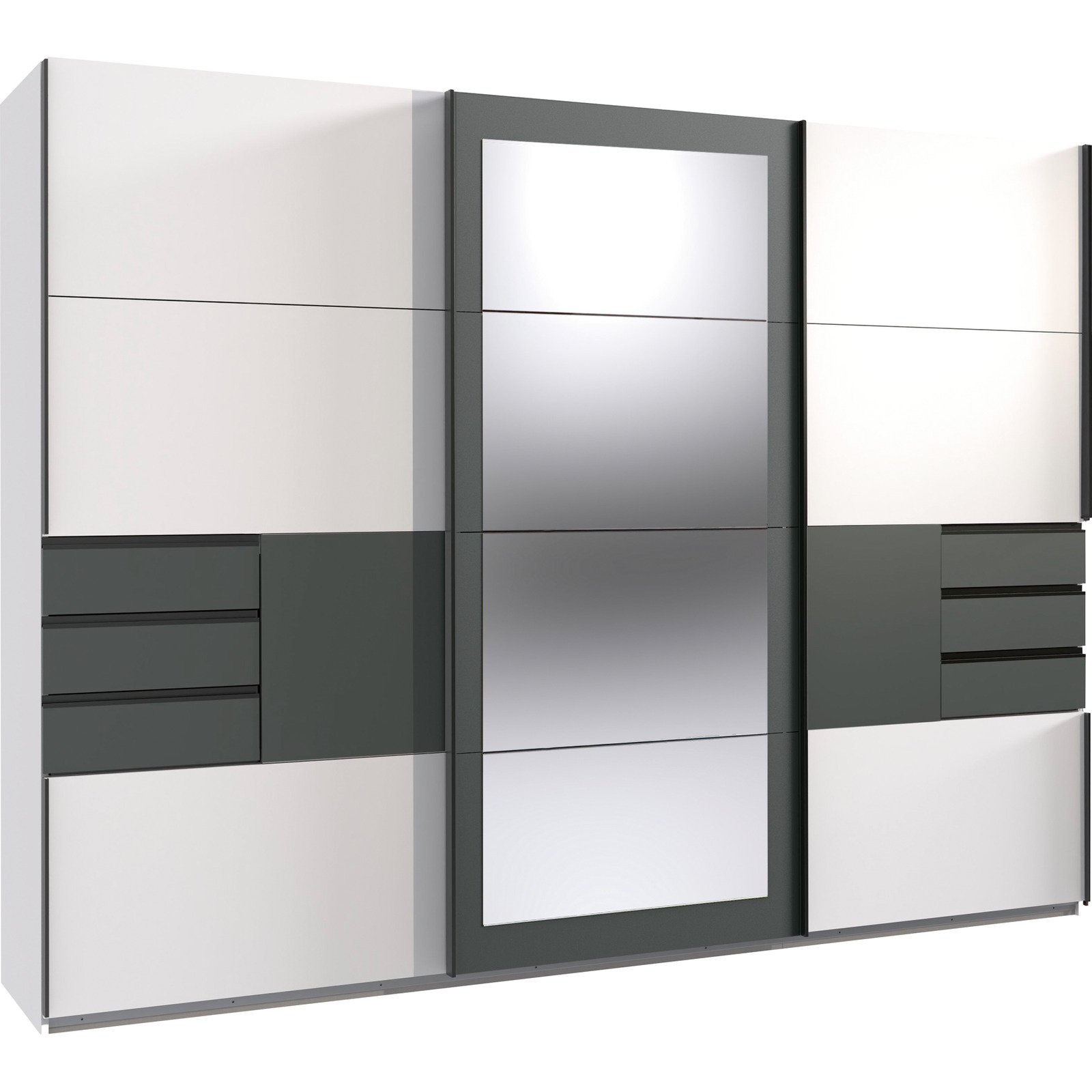 Schwebetürenschrank Minden Dekor Plankeneiche graphit 270 x 210 x 65 cm, mit Spiegel
