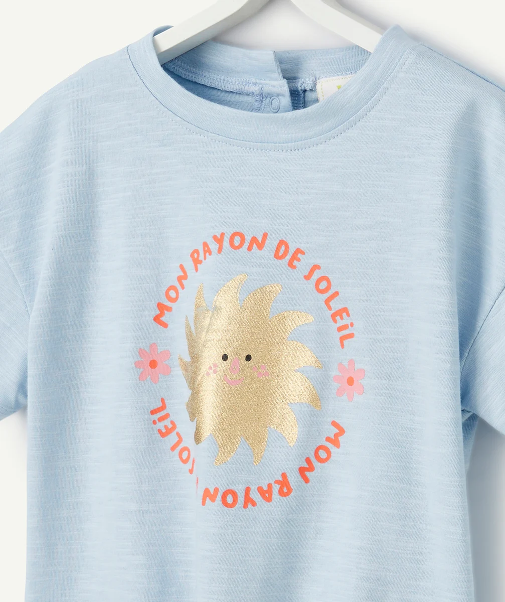t-shirt bébé fille bleu avec message couleur dorée et pailletée