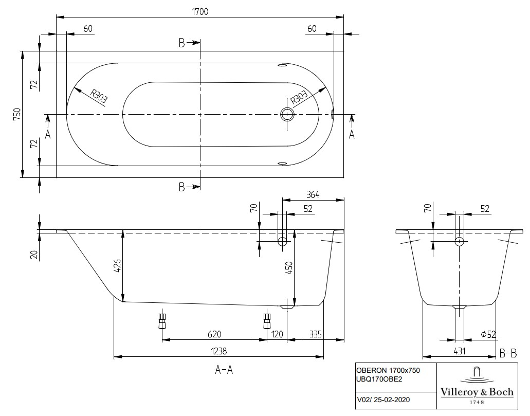 Villeroy & Boch Oberon inbouw ligbad 170x75cm wit mat
