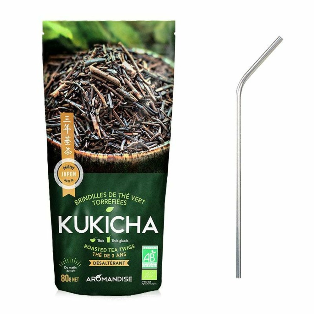 Thé vert bio japonais kukicha 80 g + 4 pailles en inox