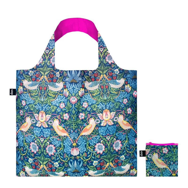 Sac shopping pliable avec pochette zip 50cm The Strawberry Thief Neon Pink de William Morris