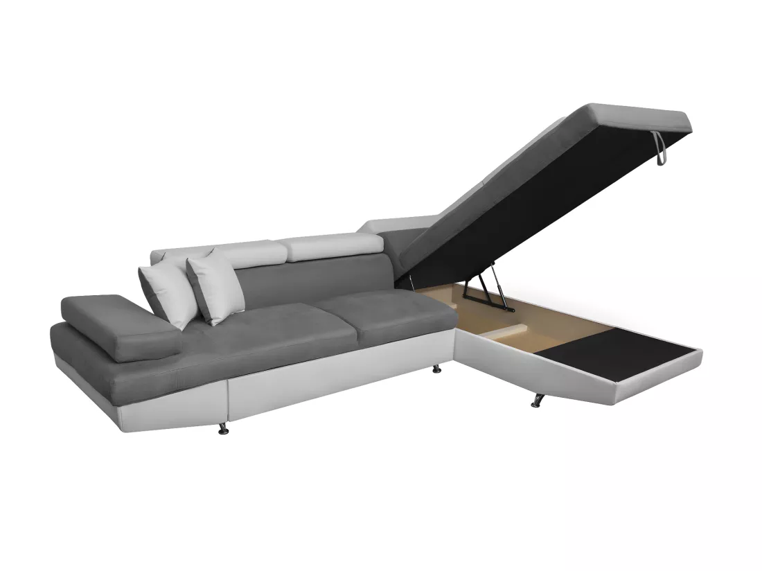 Canapé d'angle droit 5 places Rio Convertible avec coffre en microfibre et simili - Blanc/Gris - L271 x P192 x H70cm - Loungitude